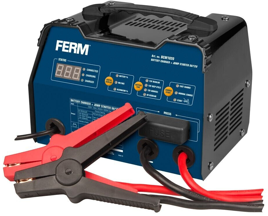 FERM BCM1020 Batterieladegerät/Starthilfe mit Amperemeter 6-12V, Ladestrom  2A, 6A, 12A, 2 Zangen im Lieferumfang