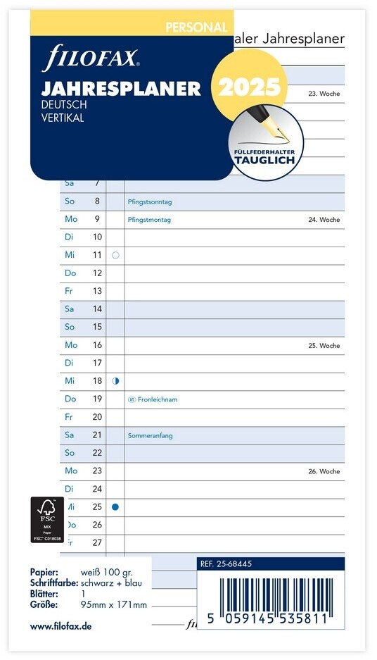 Filofax Personal Kalendereinlage 2025 Jahresplan Leporello Weiß Deutsch