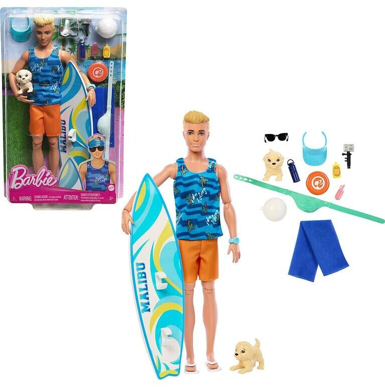 Barbie ken doll sales with puppy and surfboard