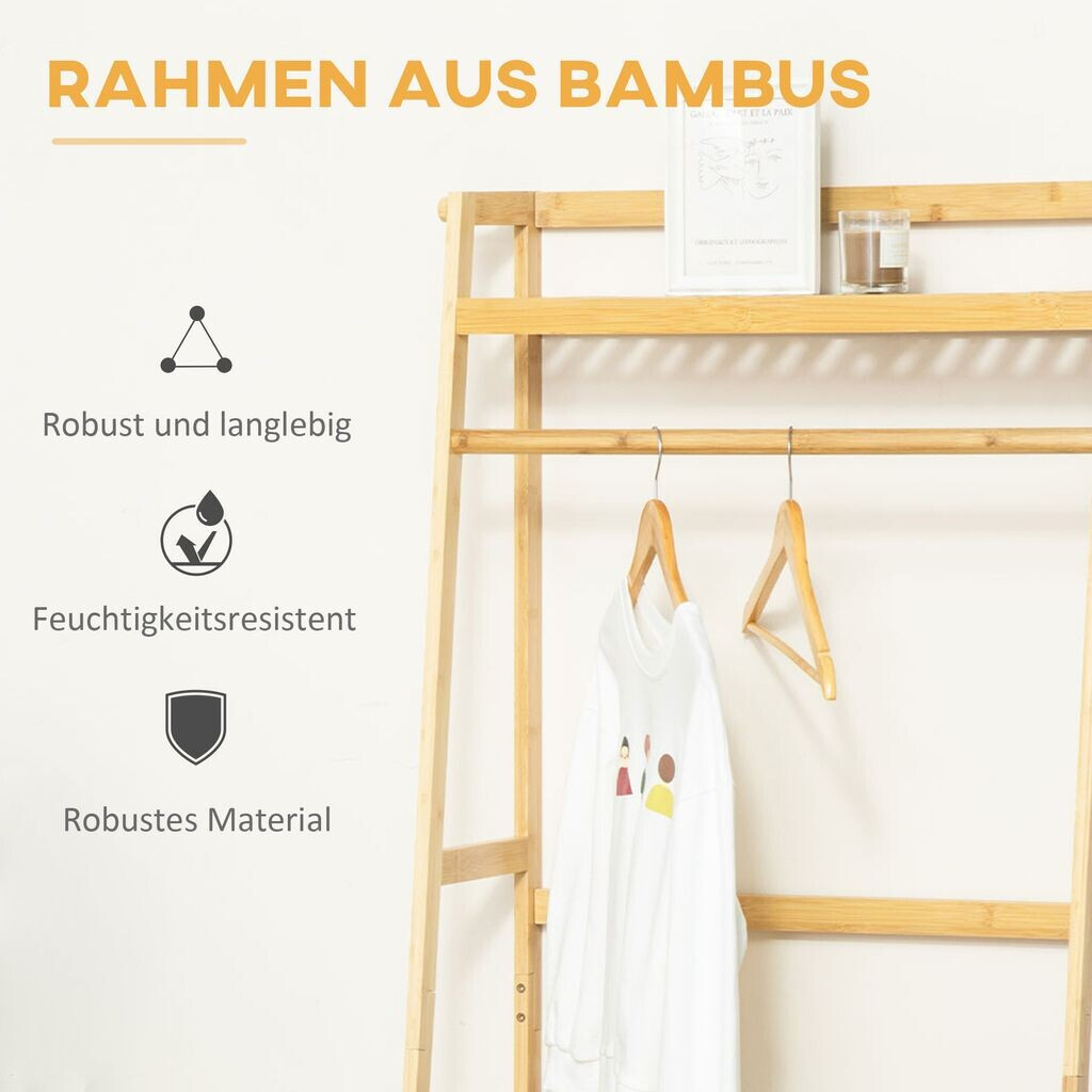 HOMCOM Garderobenständer Mit Schuhregal | Bambus Standgarderobe 158cm | Mit Rollen & Kippsicherung