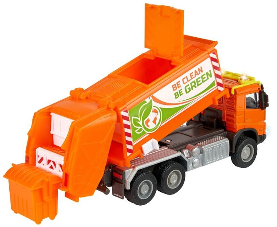 Majorette Volvo Müllauto mit Müllbehälter orange, Mit Licht und