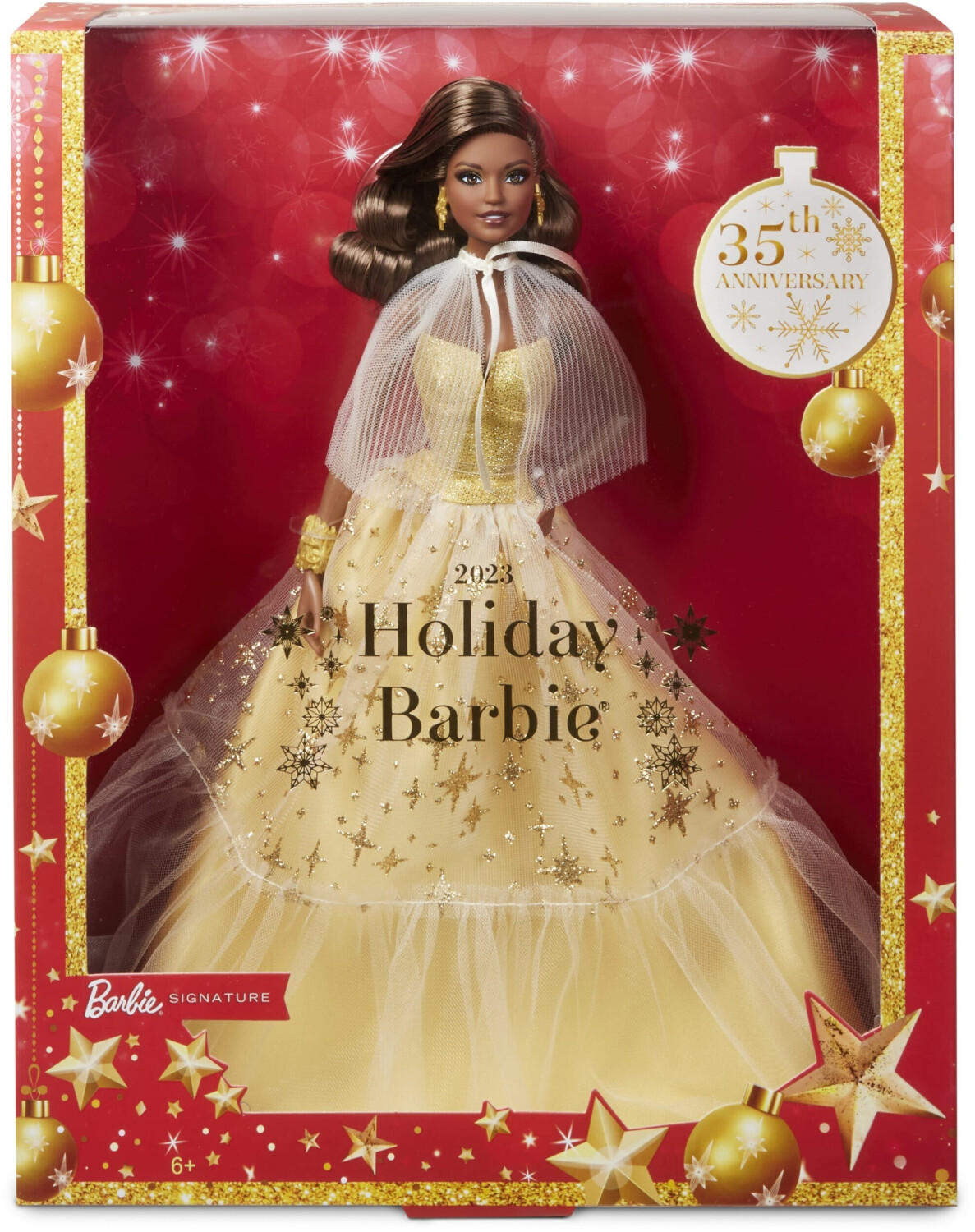 Barbie Noël 2023 avec robe dorée et cheveux bruns (HJX09)