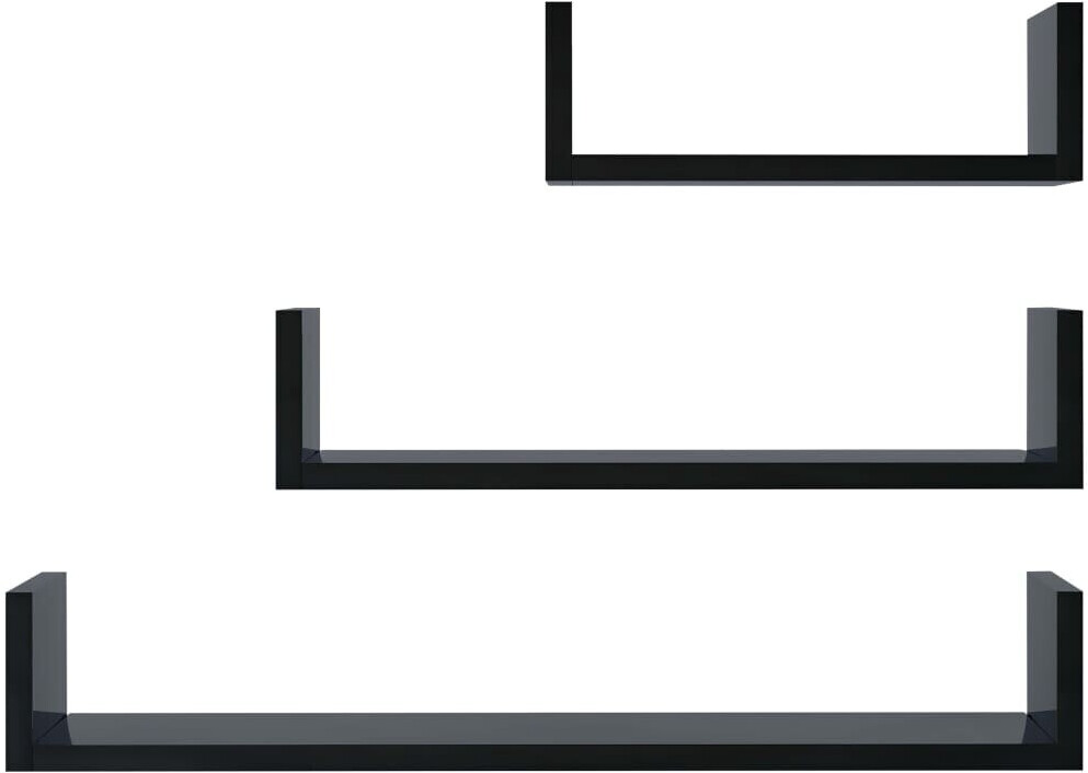 vidaXL 3 pcs. Wall shelf U-shaped 30/45/60x15cm High-gloss black