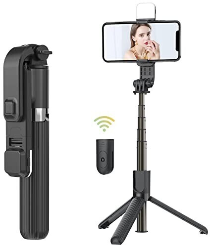 YAyusi Treppiedi Selfie Stick Estendibile Fino A 180 Cm Con Luce Regolabile – Telecomando Bluetooth, Testa Girevole 360° Per Video, Live E Vlogging