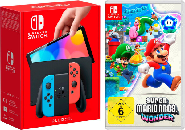 Nintendo Switch (OLED-Modell) neon-blau/neon-rot + Super Mario Bros. Wonder