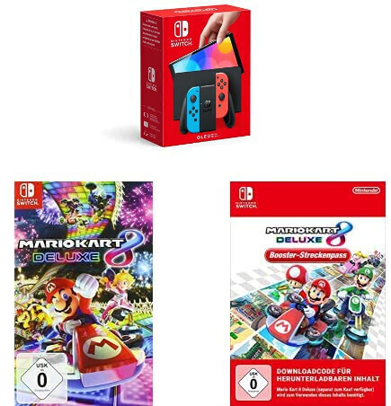 Nintendo Switch (OLED-Modell) neon-blau/neon-rot + Mario Kart 8: Deluxe + Booster-Streckenpass