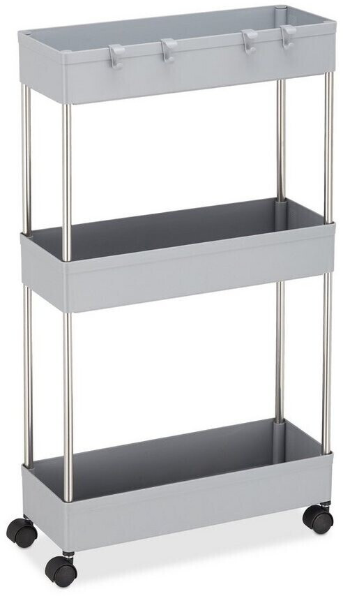 Relaxdays Niche trolley plastic, 70x15.5x40.5 cm narrow niche shelf 4 hooks 3 compartments, gray