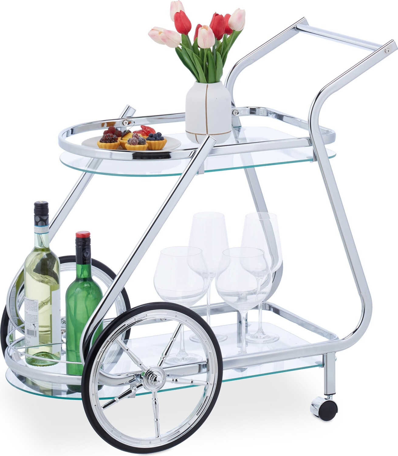 Relaxdays Serving trolley with wheels and rollers, 2 tiers, glass and chrome, 76x76x46 cm, transparent/silver