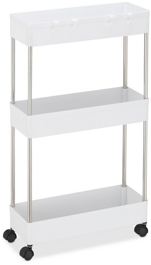 Relaxdays Niche trolley plastic, 70x15.5x40.5 cm narrow niche shelf 4 hooks 3 compartments, white