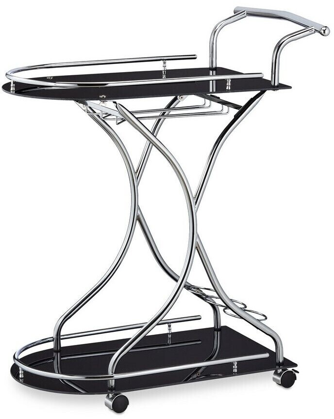 Relaxdays Serving trolley 2 tier bottle & glass holder, glass & chrome, 88x76x49 cm black/silver