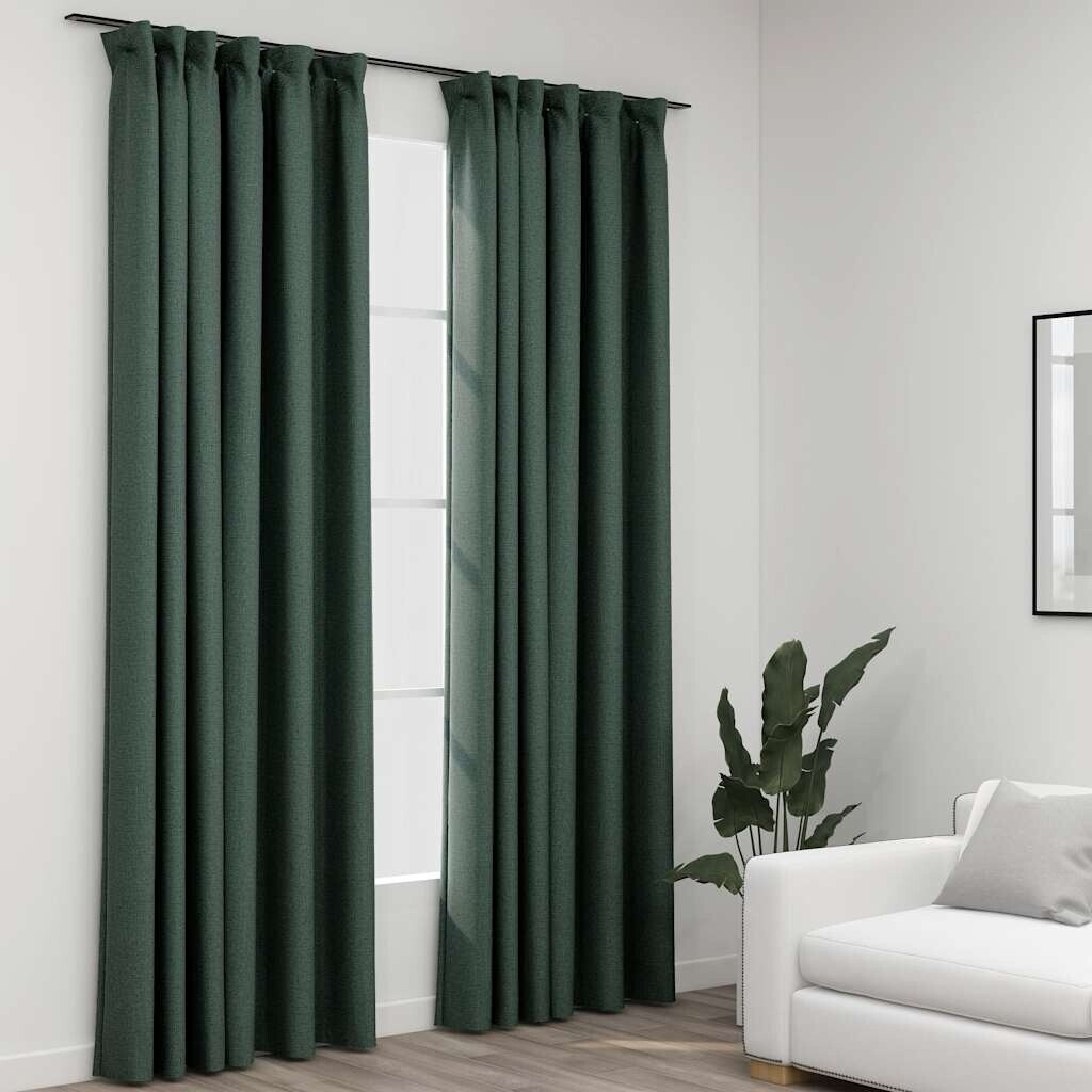 vidaXL Blackout curtains hooks linen look 2 pieces green 140x225 cm (321189)