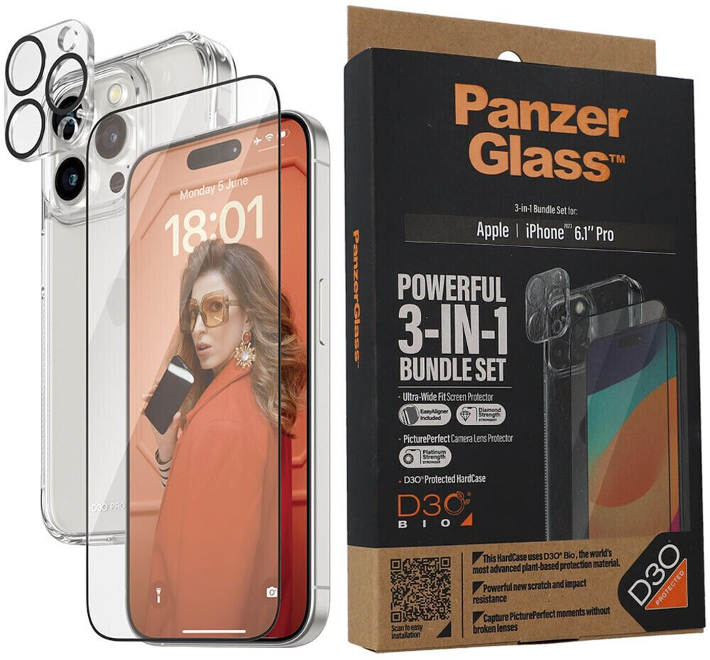 PanzerGlass Set PanzerGlass 3-in-1 Protection: Case, Tempered Glass, and Camera Protection for Apple iPhone 15 Pro transparent