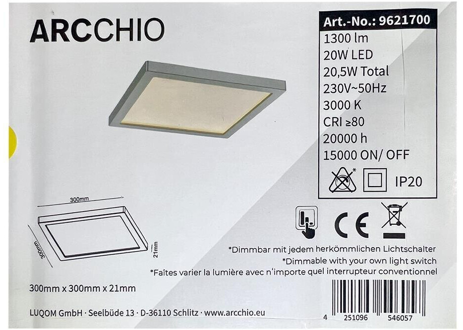 Arcchio Dimmable LED ceiling light SOLVIE LED/20W/230V