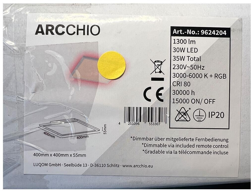 Arcchio Dimmable LED RGBW ceiling light BRENDA LED/30W/230V + remote control
