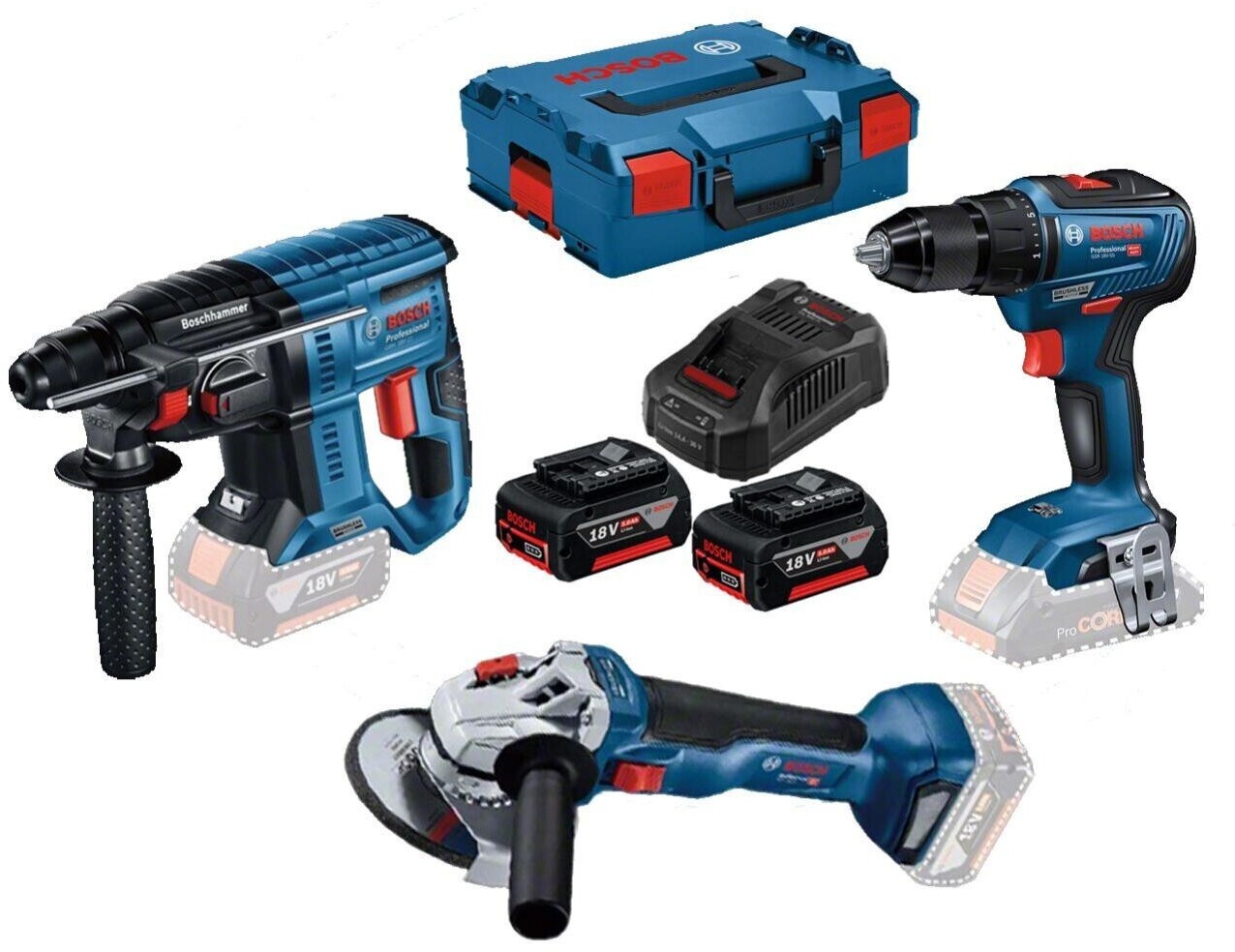 Bosch GSR55 + GWS10 + GBH21 + (2 x 5,0 Ah + chargeur + L-BOXX)