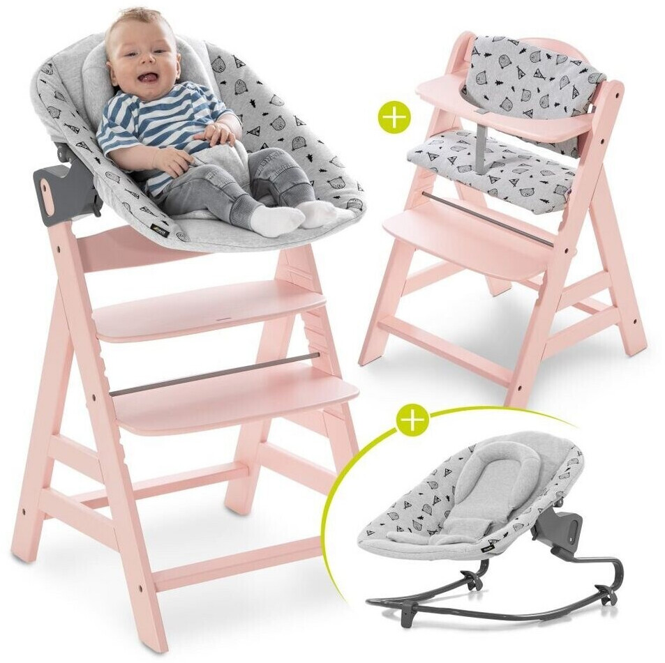 Hauck Hochstuhl Alpha Plus Grey - Newborn Set (Set, 4 St), Holz Babystuhl  ab Geburt mit Aufsatz für Neugeborene höhenverstellbar