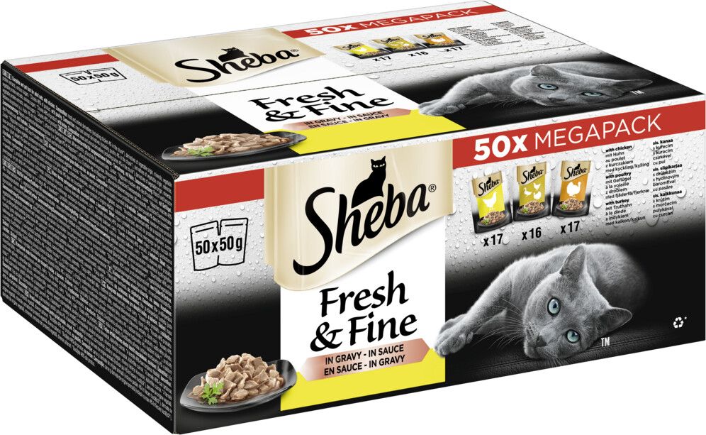 50 x 50g Sheba Fresh & Fine Adult Wet Cat Food Pouches Mixed Poultry in  Gravy