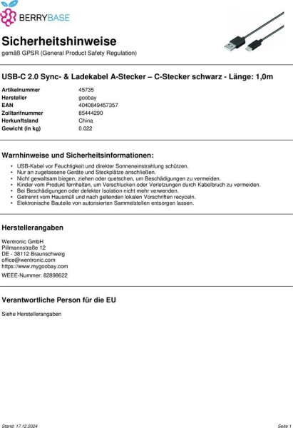 Goobay USB-A auf USB-C Lade- und Synchronisationskabel 1m, Bild 8