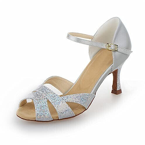 Jia Jia Women's Sandals flared Heel Super-Satin with Sequins Silver