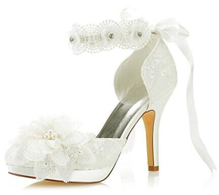 Jia Jia 3703L Women's Bridal Shoes Closed Toe 8cm Stiletto Heel Lace Satin Platform Pumps Ivory