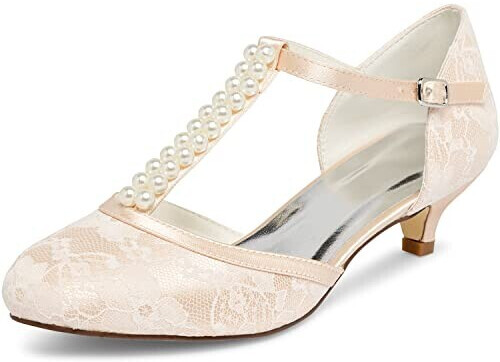 Jia Jia 01129 Women's Bridal Shoes closed toe T-strap low heel lace satin pumps Champagne
