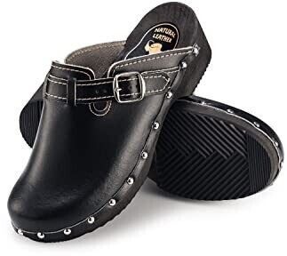 Strobl Wood Leather Clogs with Non-Slip Sole CDL08 black