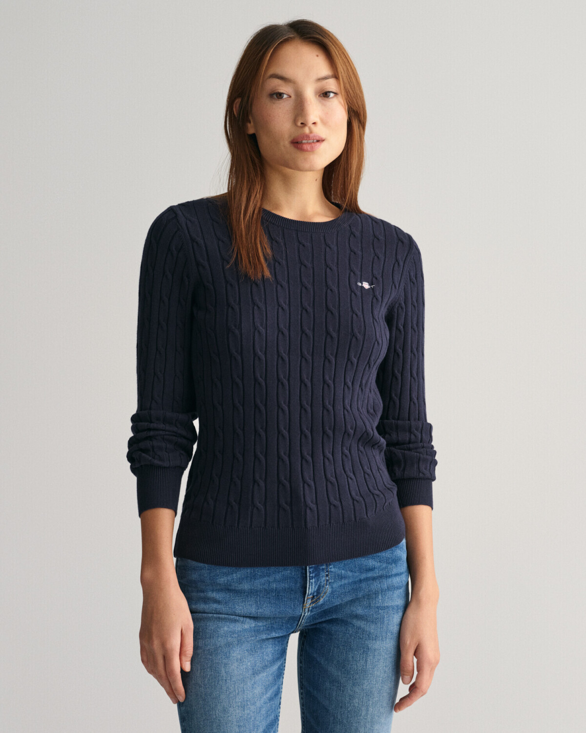 GANT cable knit round neck sweater in stretch cotton (4800100) blue