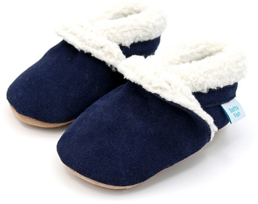 Dotty Fish Slippers for babies and toddlers suede plush warm fleece lining navy