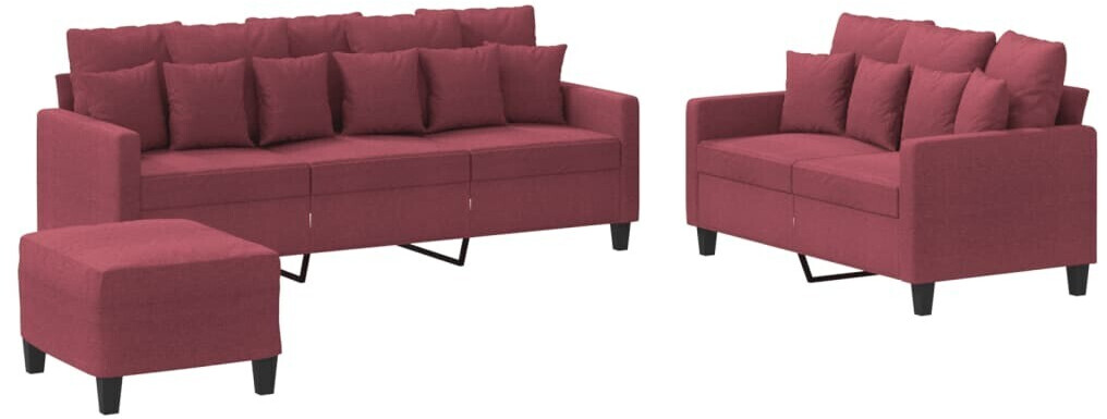 vidaXL 3-2-seater + Footstool sofa set with cushions fabric wine red (3201678)