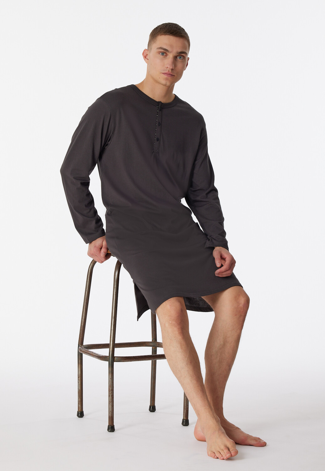 Schiesser Nightdress long-sleeved organic cotton button placket stripes anthracite Comfort Nightwear (180264)