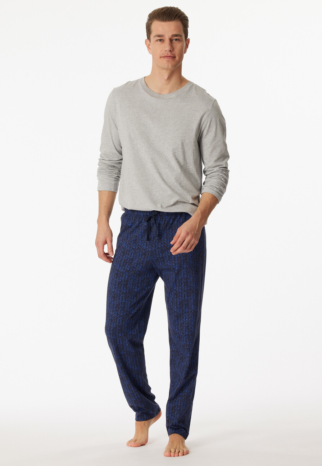 Schiesser Pajamas long organic cotton grey-mottled patterned casual nightwear (180255)