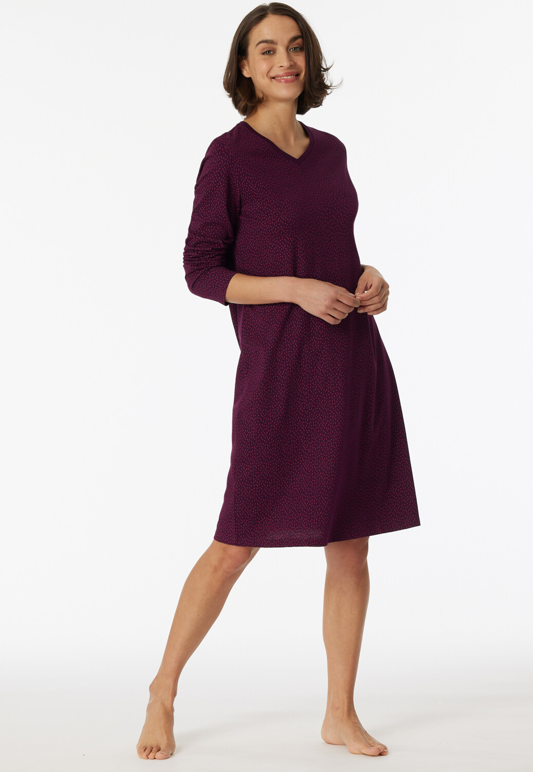 Schiesser Sleepshirt long sleeve V-neck dots plum Comfort Essentials (180061)