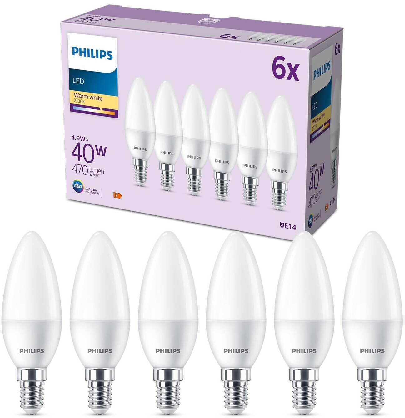 Philips LED candle E14 4.9W 470m 2,700K matt 6 pieces F