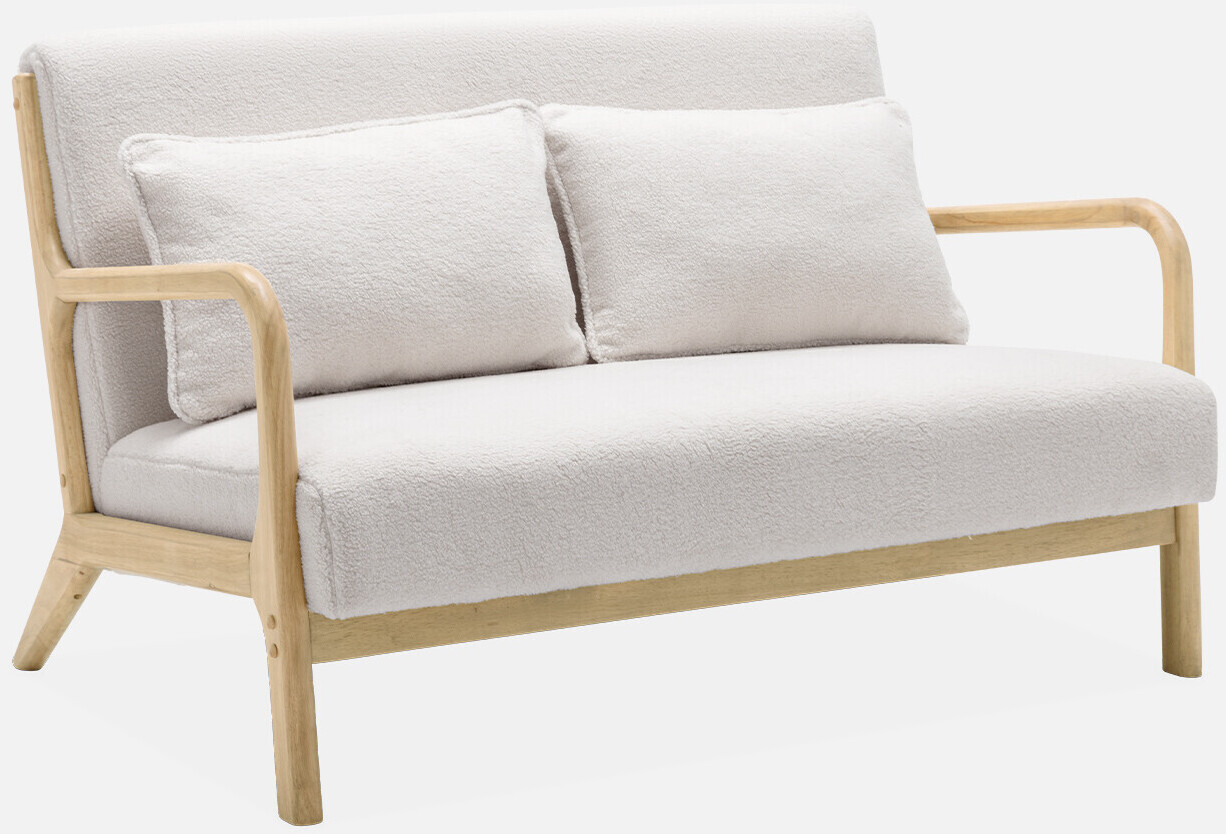 sweeek 2-seater bench wood and bouclé fabric Lorens 124x83x77 cm white