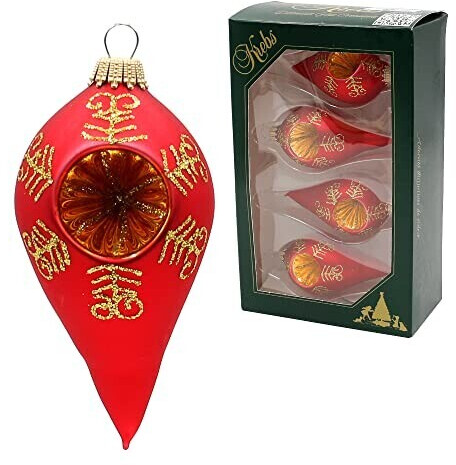 Set 4 Palline Di Natale In Vetro Rosso Opaco E Lucido Con Fiocchi Di Neve E Corona Oro – Lauschaer, Diametro 7 Cm, Fatte A Mano