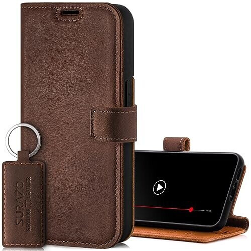 SURAZO Leather Case for Apple iPhone 15 Pro Max, Foldable, in Genuine Leather, with Magnetic Closure, Credit Card Slot, RFID Protection, Book Stand Feature, in Walnut Brown Leather
