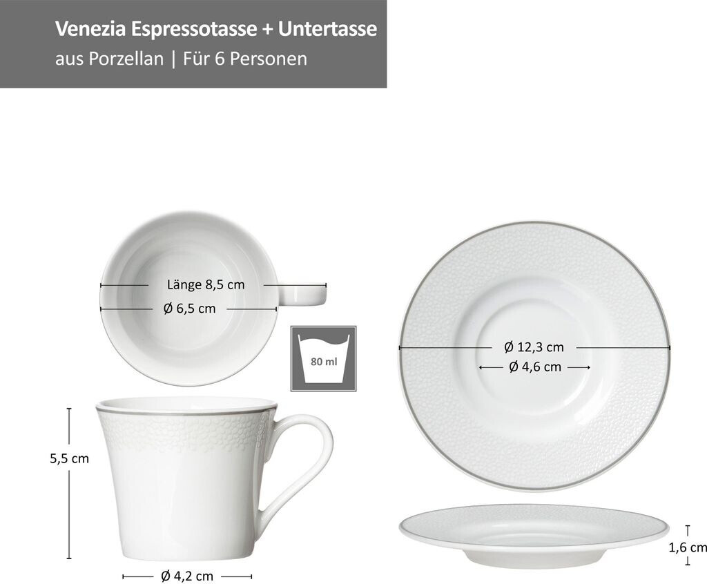 Ritzenhoff & Breker Venezia Set Tazze Caffè 6 Persone – 6 Tazze 80ml + 6 Piattini – Porcellana Effetto Ciottolo Con Linea Grigia – Microonde E Lavastoviglie