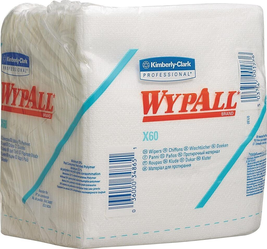 Kimberly-Clark Wiping cloth Wypall X60 6034 L310xW320approx.mm 1-ply white 12 bags