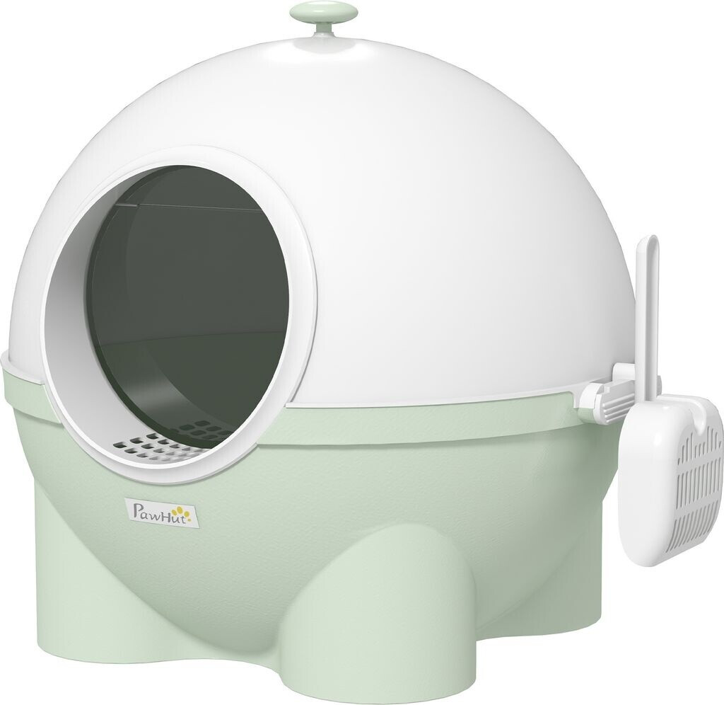 Pawhut Hooded Cat Litter Box with Scoop, Leaking Sand Pedal and Top Handle white/green