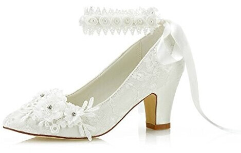 Jia Jia Women's bridal shoes closed toe 7cm block heel satin pumps satin flower ribbon tie wedding shoes ivory