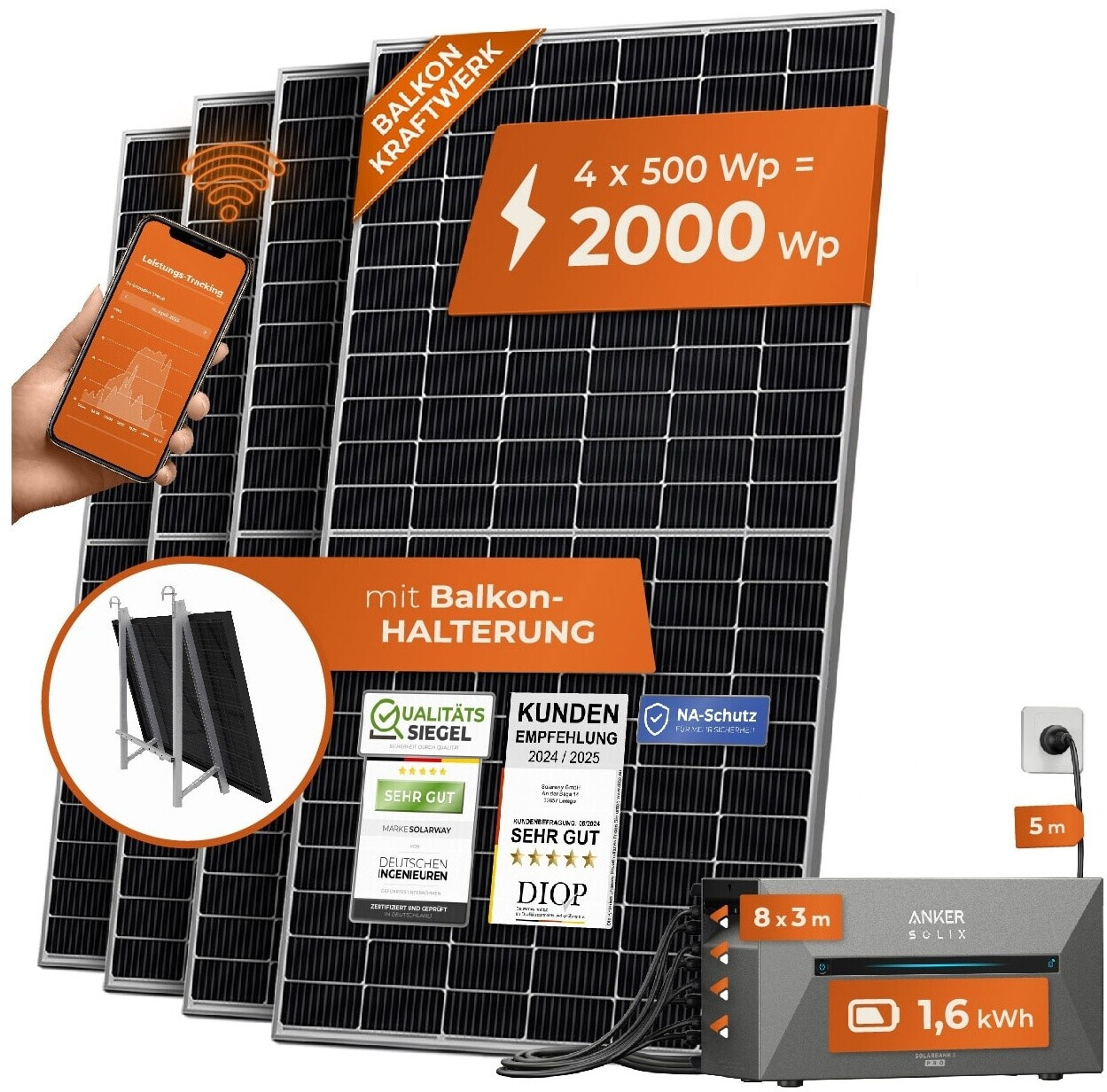 Solarway Balkonkraftwerk Set 2000W 4 x 500Wp Module + Deye M200 + Anker SOLIX E1600