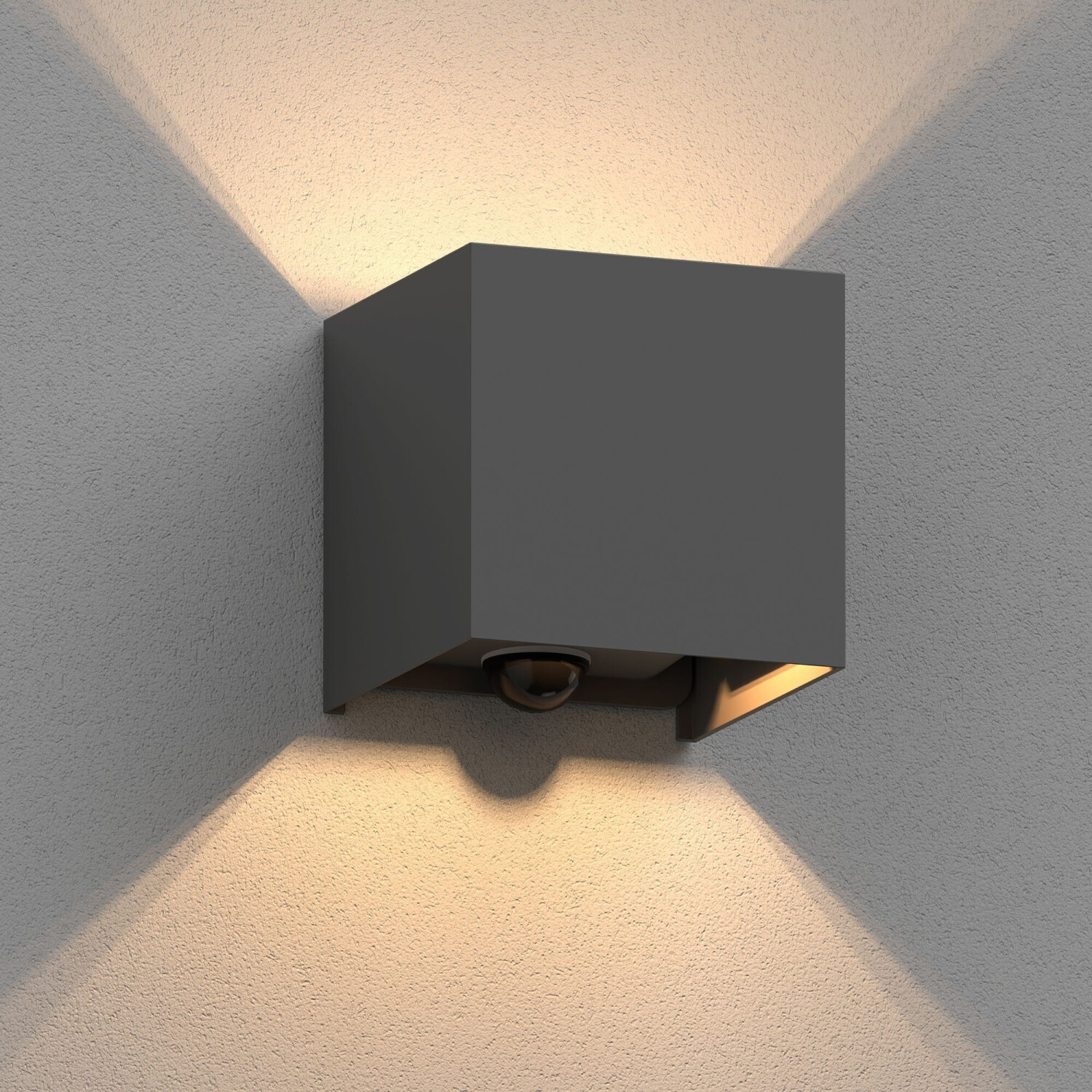 ledscom.de CUBEL wall light for outdoor use, IP65, up/downlight, motion detector, matt anthracite, square, 1x G9 max. 10W