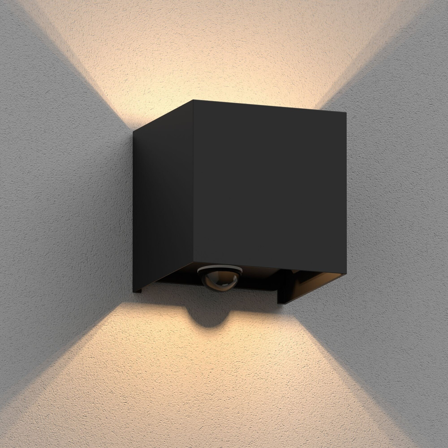 ledscom.de CUBEL wall light for outdoor use, IP65, up/downlight, motion detector, matt black, square, 1x G9 max. 10W