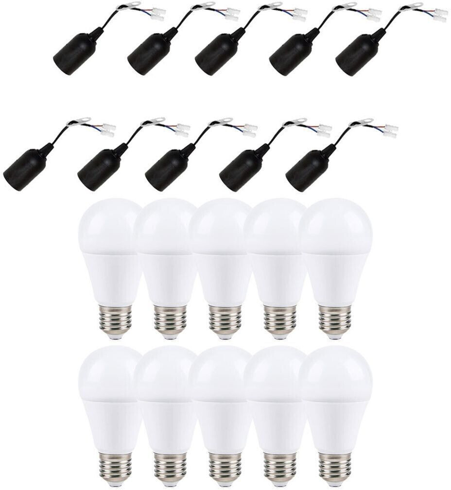 NCC-Licht 10 x LED bulbs A60 13W = 100W E27 opal matt 1270lm warm white + 10 x building socket lamp holder renovation socket E27 black with plug-in terminal