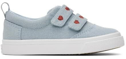 TOMS Shoes Tiny Girl's Fenix Double Strap Sneaker pastel blue washed denim metallic embroidered hearts