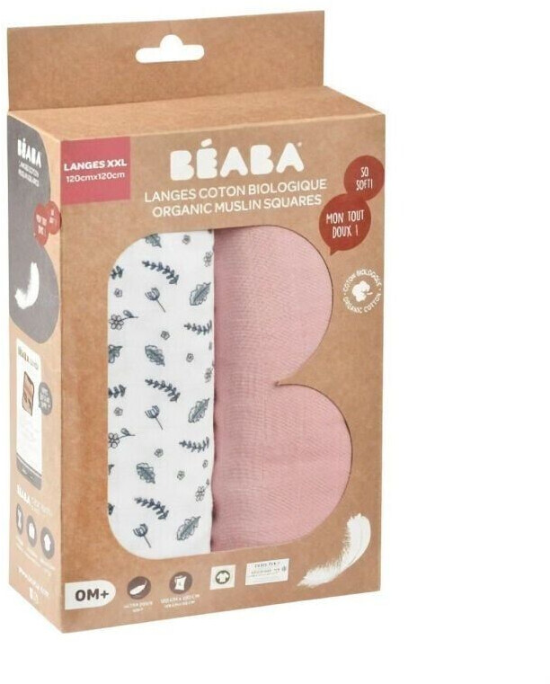 Béaba Lot de 2 langes XXL en coton Bridal Pink/Flowery Countryside
