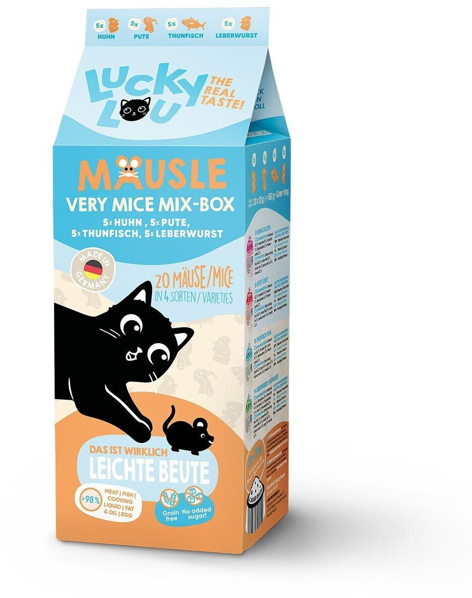 Lucky Lou Mäusle Mixpaket Huhn Pute Thunfisch. Leberwurst 20x28g Katzen Katzenfutter
