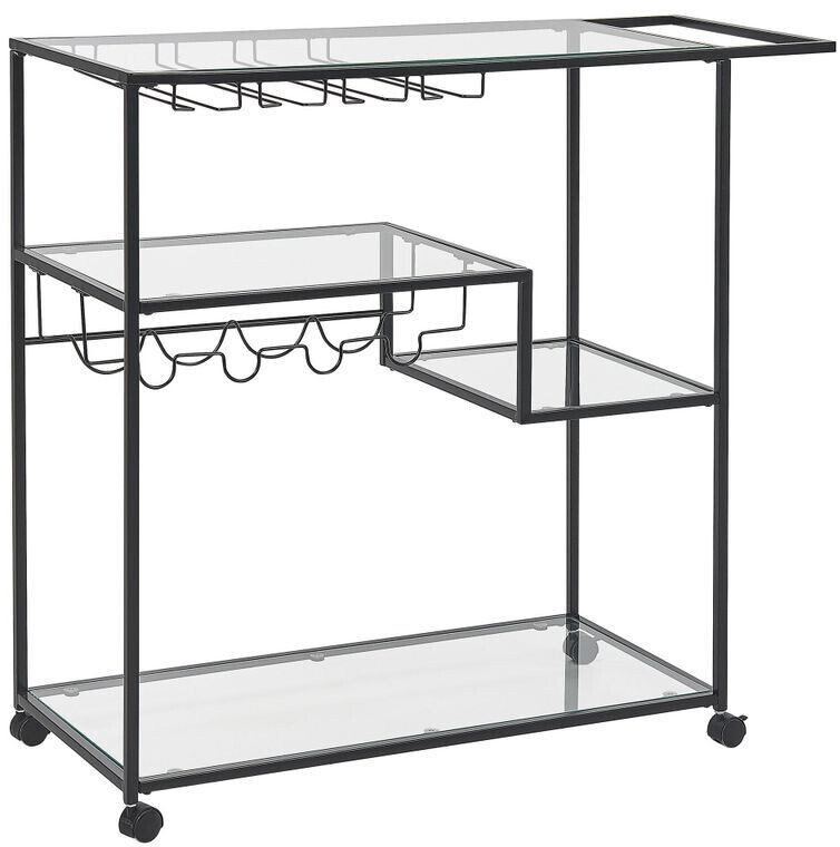 Beliani Serving trolley transparent and black glass rectangular with handle wheels bottle holder glass holder metal frame