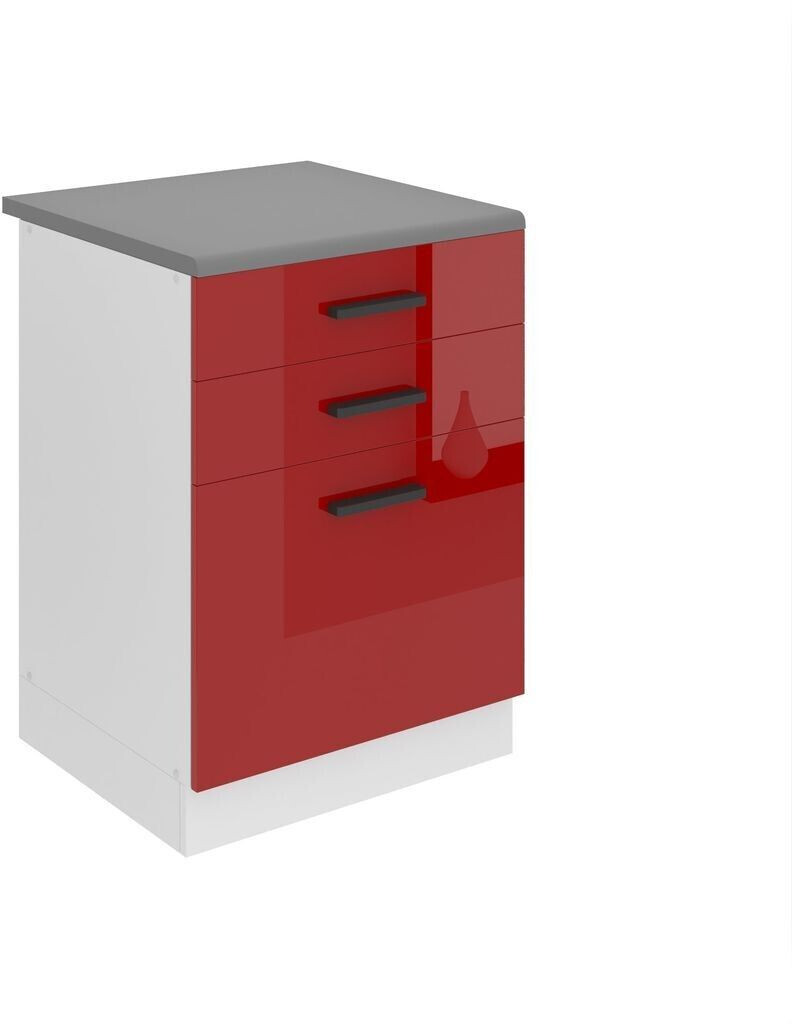 Belini Kitchen base cabinet 60 cm wide. SDSZ kitchen base cabinet with worktop. Kitchen cabinet with drawers, red high gloss