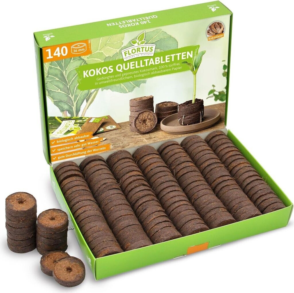 FLORTUS FLORTUS Kokos Quelltabletten aus Anzuchterde mit NPK Dünger 140 Stk. (36 mm) - Product image 1 of 8